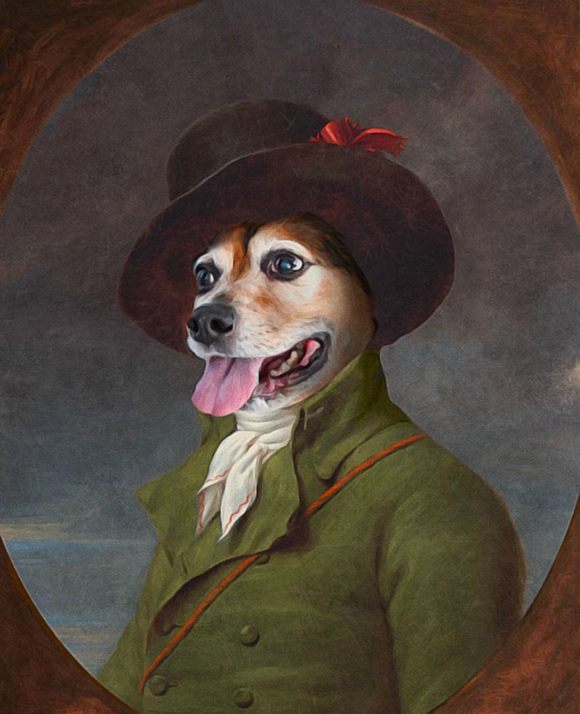 bipedal character with a dog head. The dog appears to be a beagle mix and his tongue is sticking out. He is wearing a black hat and green wool suit and the art and clothing are of Victorian style