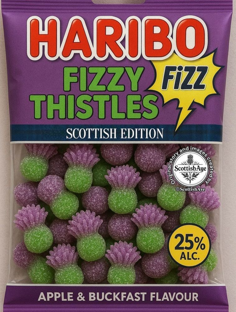 Image of Haribo Fizzy Thistle Sweets Apple and Buckfast flavour 25% alcohol
