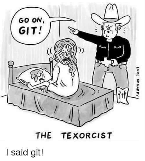 Cartoon "the Texaorcist
Text reads Go on Git!