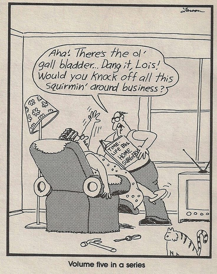 Far Side comic of husband using the Time-Life Guide to Home Surgery to remove his wife's gall bladder