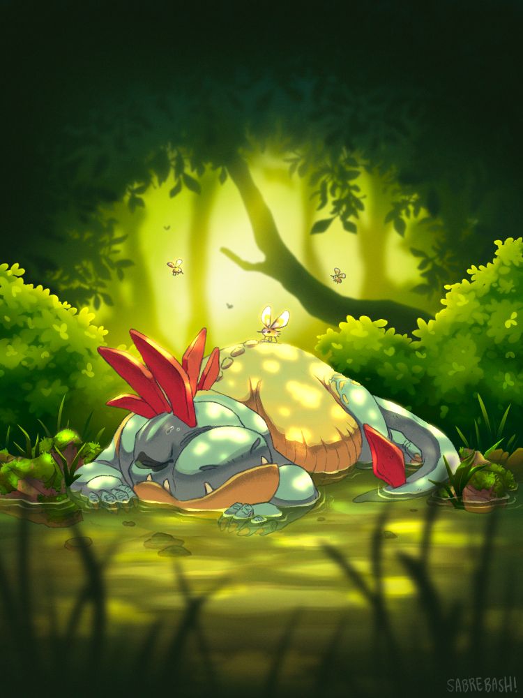 the pokemon Croconaw, who resembles a chubby blue and yellow lizard, rests peacefully in a shallow creek, surrounded by small cutiefly, who somewhat resemble bees, and lush green foliage