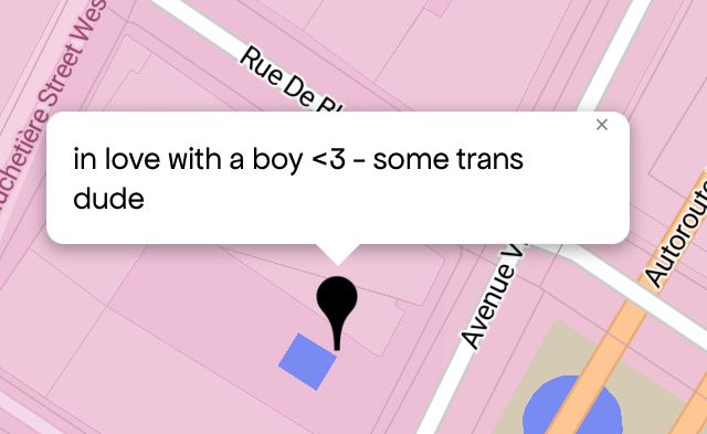 Queering The Map 
Image shows a pink map with a black pin drop on location with message 

“in love with a boy <3 - some trans dude”
