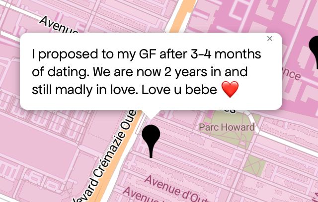Queering The Map 
Image shows a pink map with a black pin drop on location with message that reads
“I proposed to my GF after 3-4 months of dating. We are now 2 years in and still madly in love. Love u bebe ❤️