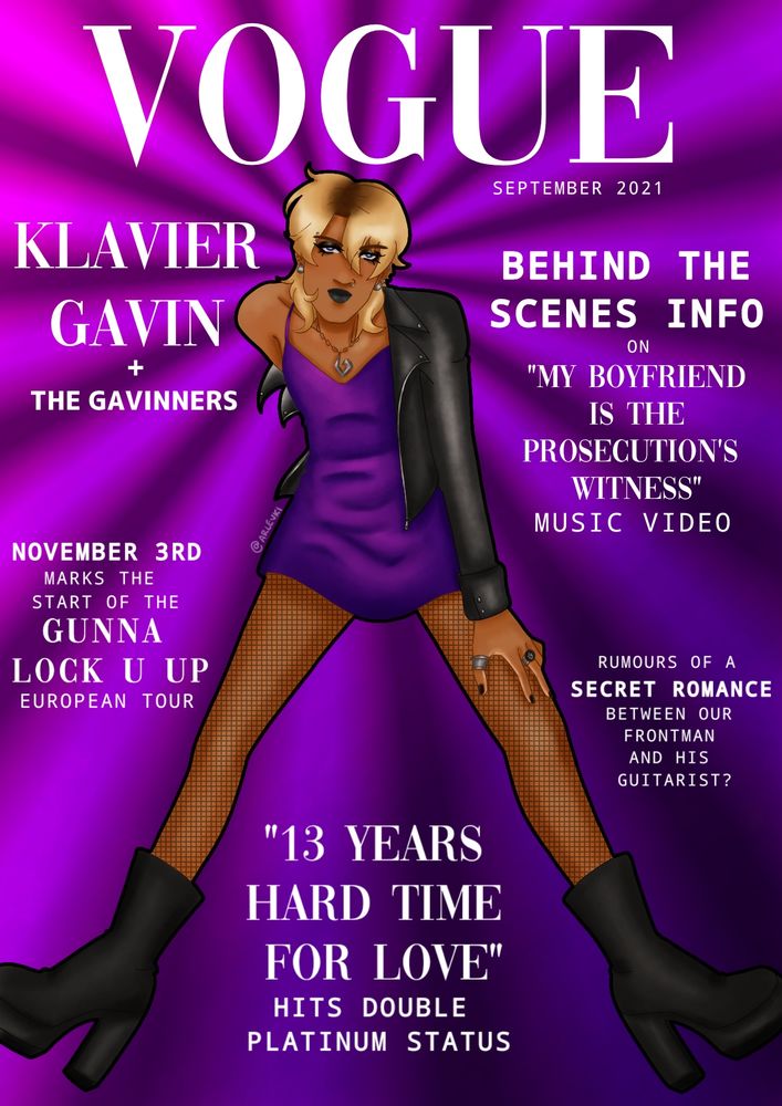 19 year old Klavier Gavin from Ace Attorney on a Vogue magazine cover. He's wearing a purple satin dress, leather jacket and boots with platform heels, and is sitting down.