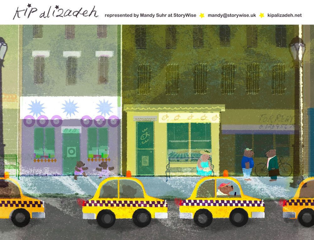 An illustration by Kip Alizadeh of a bear driving a yellow taxi stuck in a city traffic jam, on the street behind him there are city buildings and various bears interacting with each other