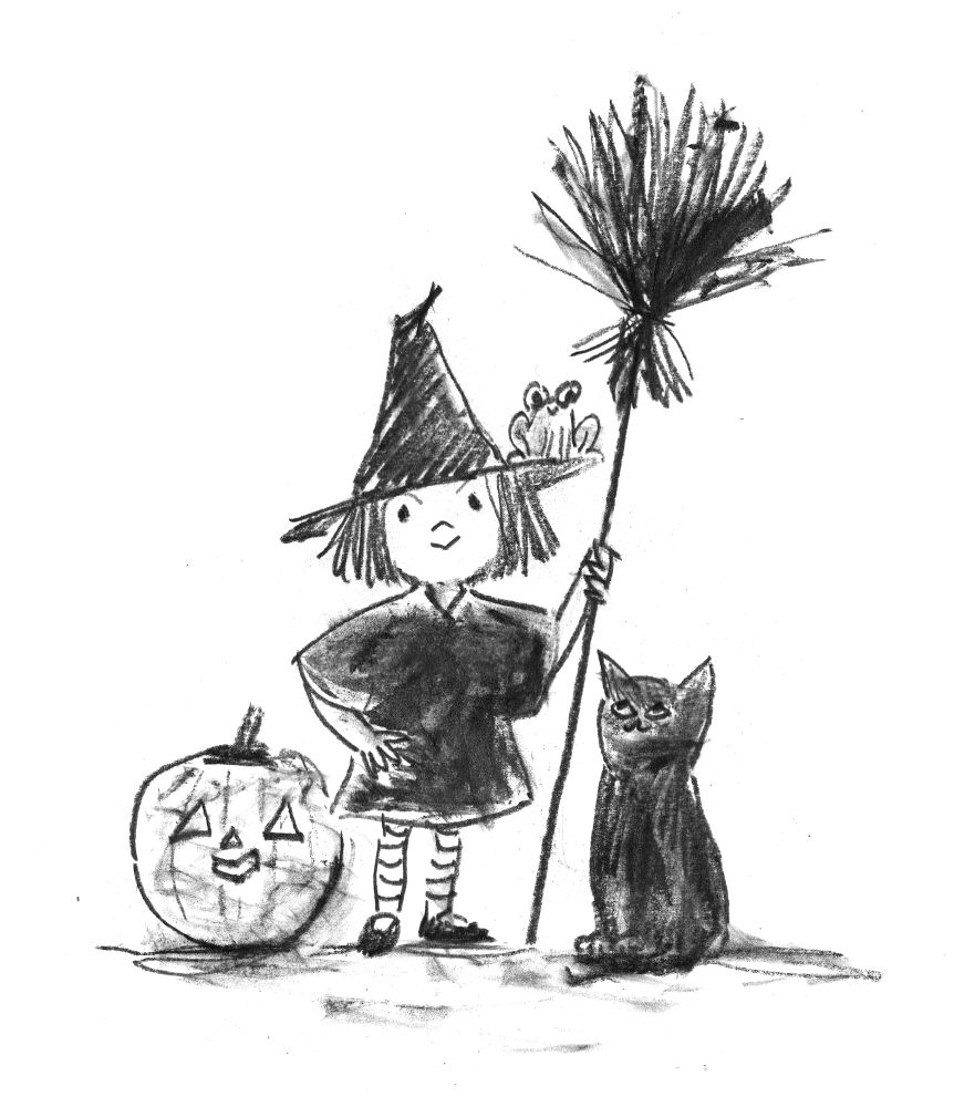A black and white pencil drawing by Kip Alizadeh of a young witch, with a pointy hat, and stripey tights, holding a broom, looking determinedly at the viewer. On her hat perches a little frog. The frog is looking down at a black cat sitting on the witches right side. The black cat is looking back up at the frog. On her left side is a smiling pumpkin. 
