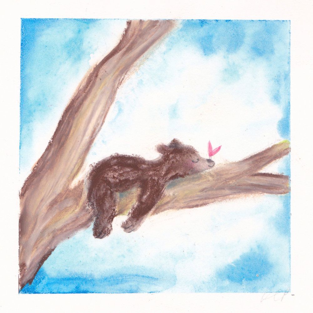 A painting by kip alizadeh of a young bear sleeping on a tree branch with a butterfly perched on his nose