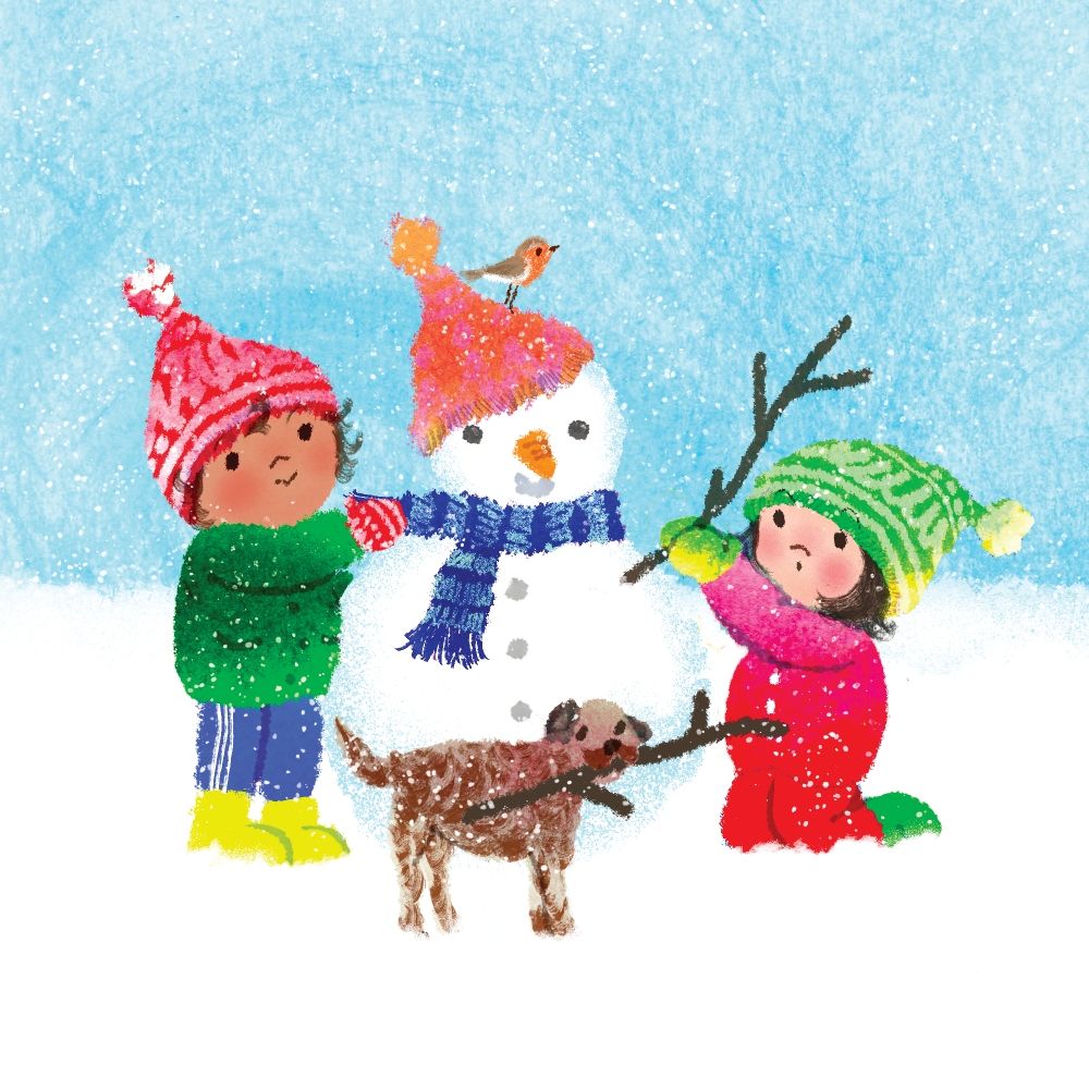 An illustration by kip alizadeh of two children and their dog building a cute snowman