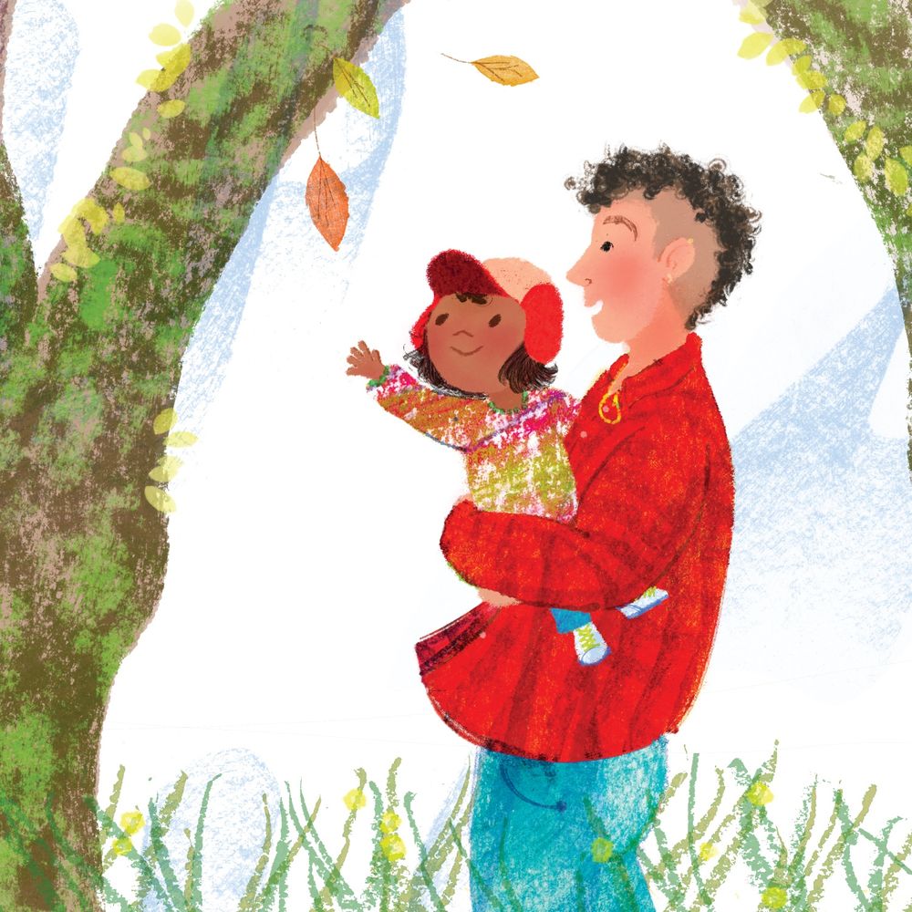 an illustration by Kip Alizadeh of a butch smiling and holding a young child up to catch leaves falling from trees 