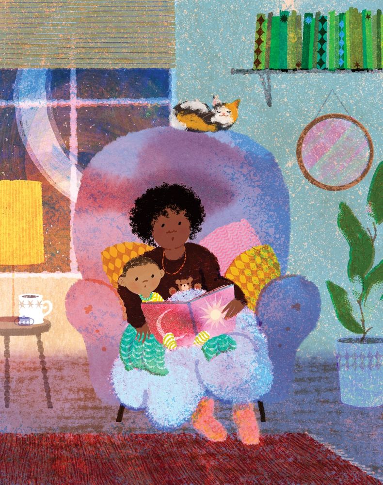 an illustration by kip alizadeh of a mum reading to her child in a cosy lit room in a big armchair wrapped in blankets with the moon shining outside