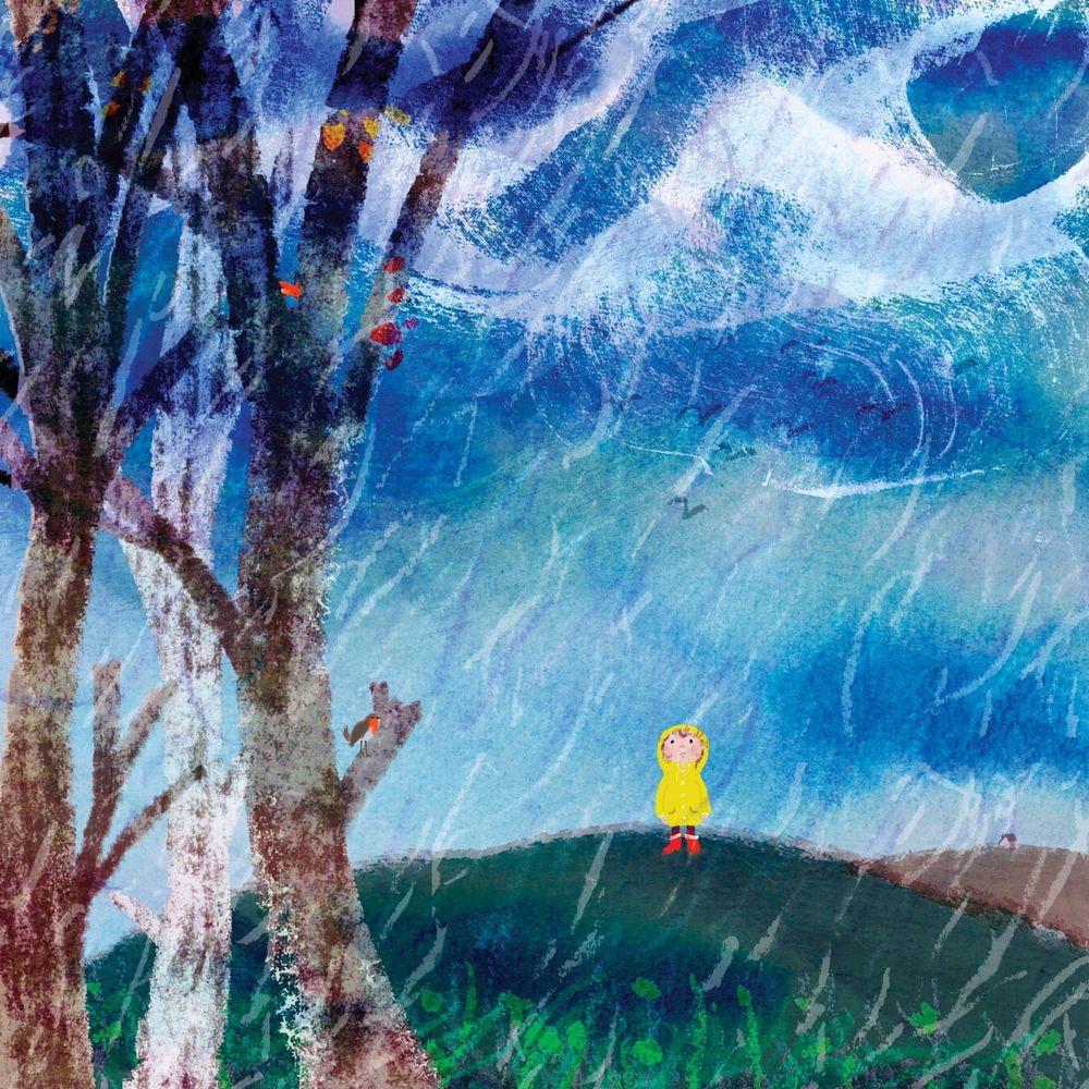 illustration by Kip Alizadeh of a young child in yellow raincoat looking sad standing in rainy, stormy landscape