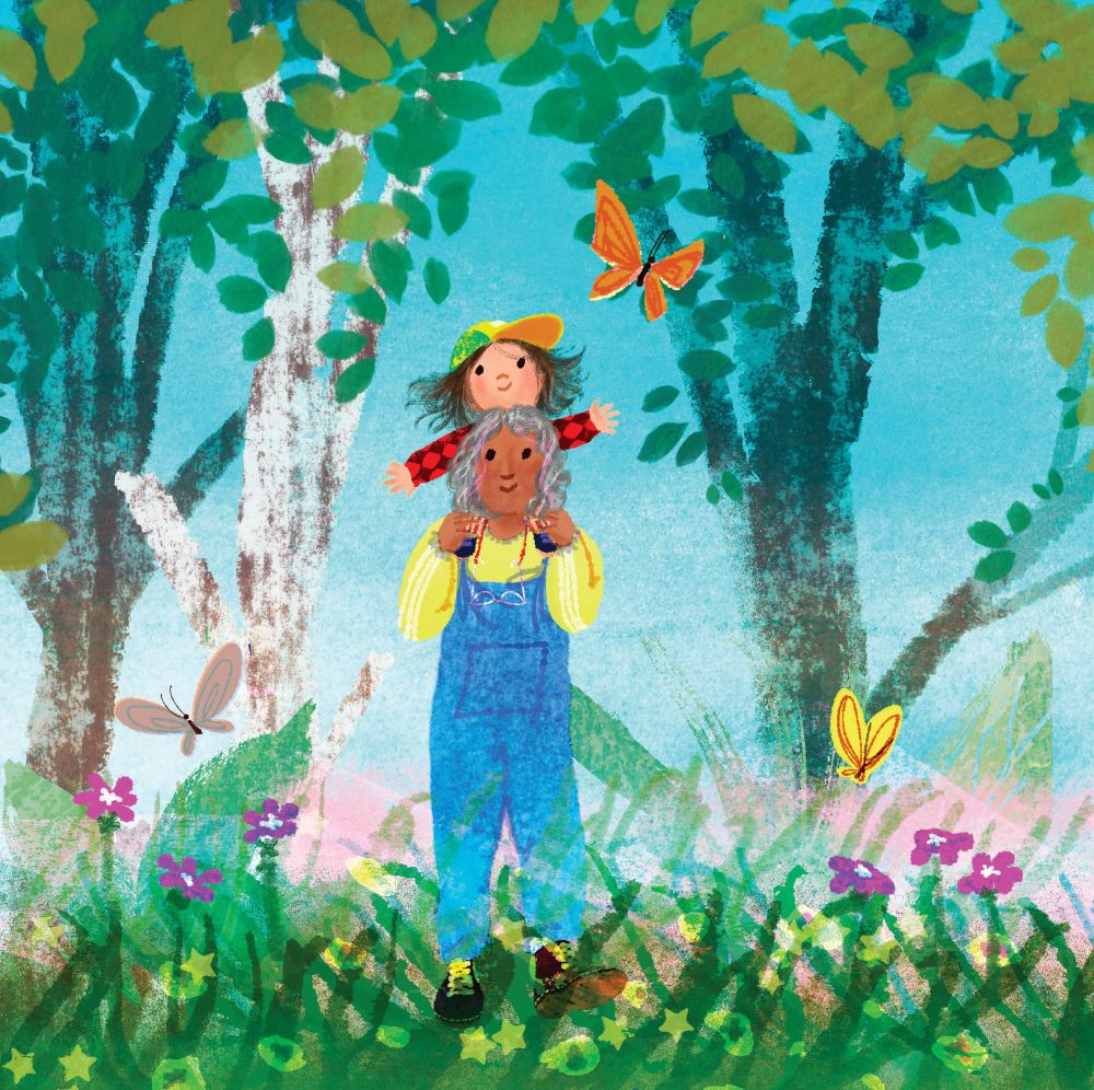 Illustration by kip alizadeh of Bean, a young androgynous child, and Nanna from I Am Strong Just Being Me walking in a luscious garden