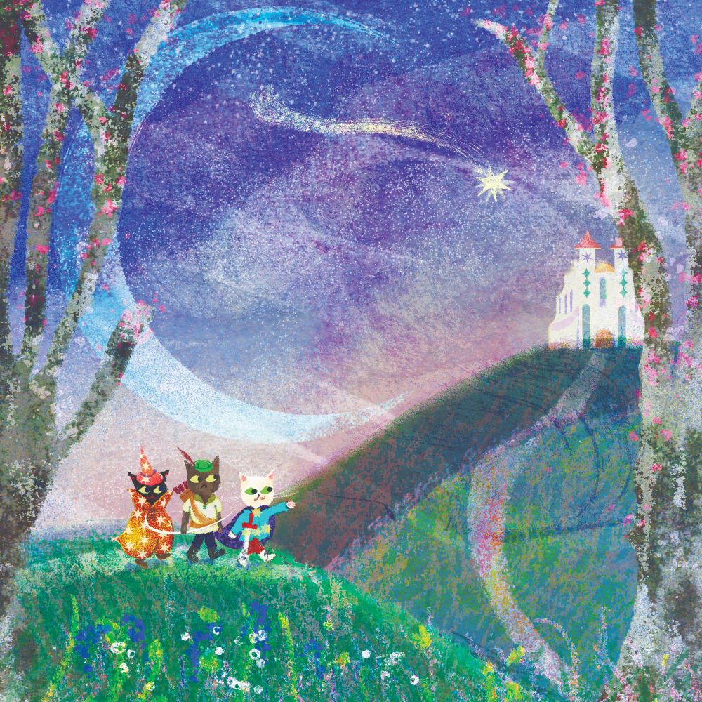 This is an illustration by Kip Alizadeh of three cats, one is a knight, one is an archer and one is a magician, walking together through a hilly moonlit landscape. In the distance there is a fairy castle and a shooting star.