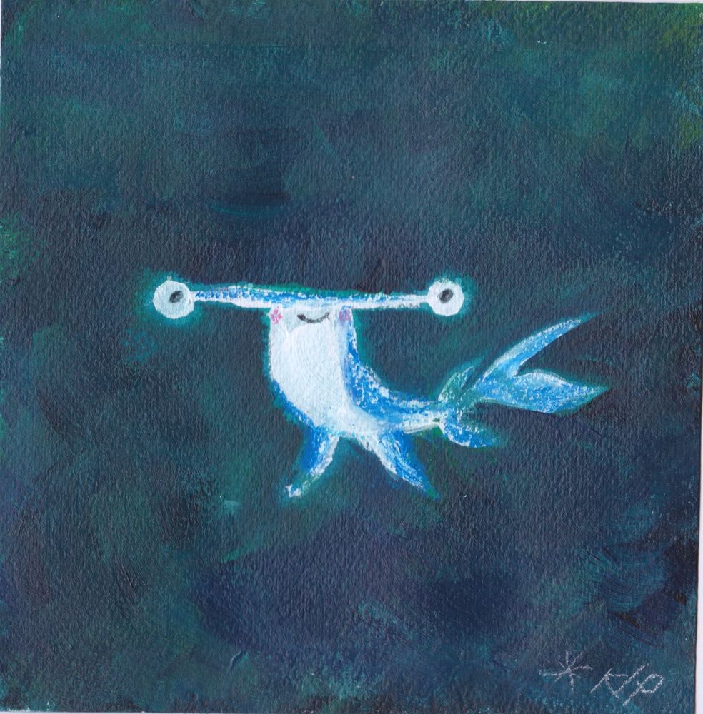 A painting by Kip Alizadeh of a cute smiley hammerhead shark 