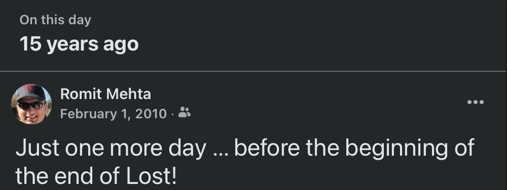 Facebook Memories screenshot showing my status update ruing that the last season of Lost was about to begin