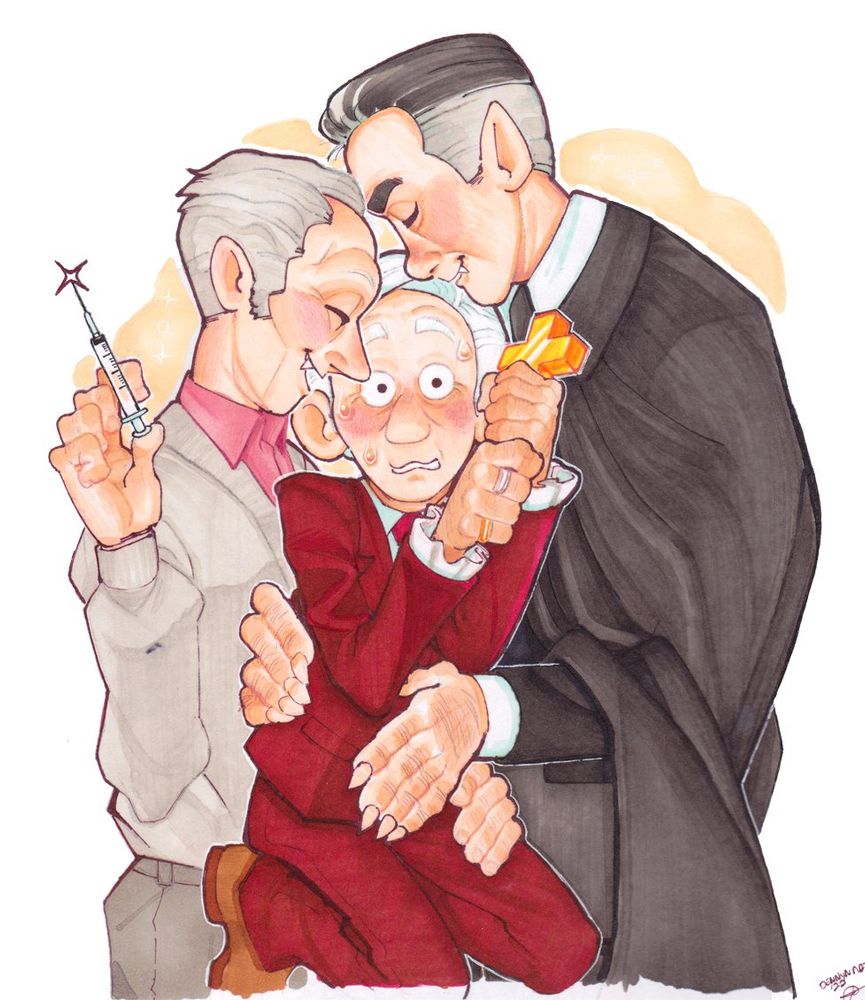 a colored BaroqueBat illustration of Peter Vincent wedged between Lorrimer Van Helsing and Dracula. Peter looks scared, holding a cross. Lorrimer looks happy, holding a syringe. Dracula holds Peter, ready to dig in.