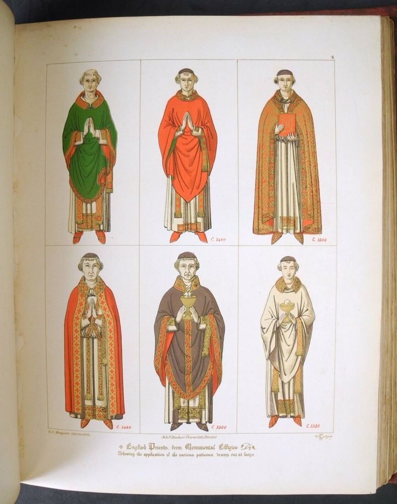 Gothic-style vestments illustrated by Augustus Welby Pugin in his "Glossary of Ecclesiastical Ornament and Costume" (London: Henry G. Bohn, 1844)