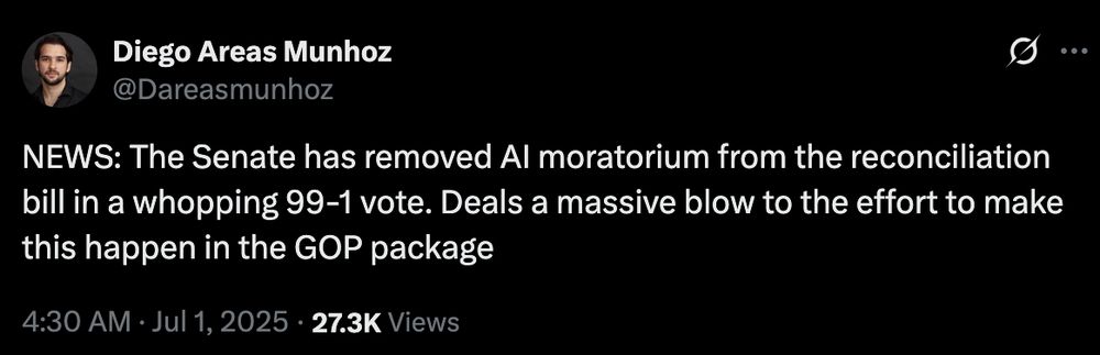tweet from Diego Areas Munhoz saying Senate removed AI moratorium from reconciliation package, 99-1 vote.