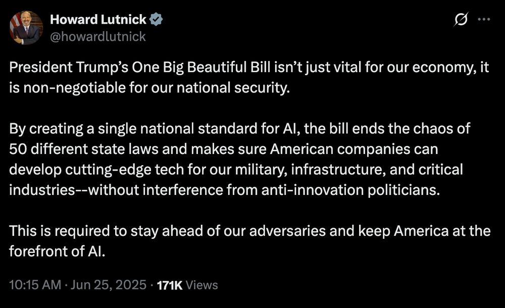 Commerce Sec claiming the AI moratorium "creat[es] a single national standard on AI"