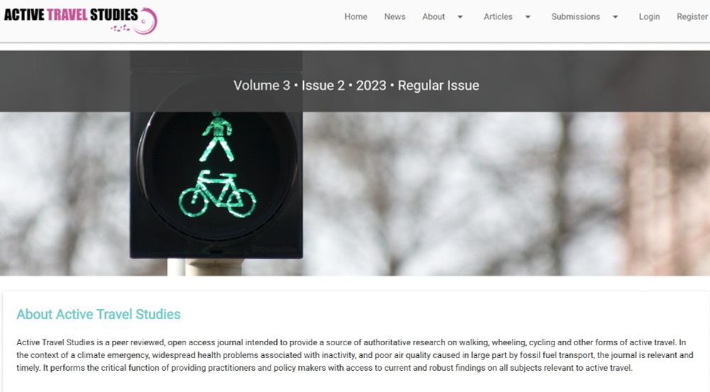 Active travel studies website. Features a photograph of a traffic light with a green bike and a green walking person. 

The text says: 
About Active Travel Studies
Active Travel Studies is a peer reviewed, open access journal intended to provide a source of authoritative research on walking, wheeling, cycling and other forms of active travel. In the context of a climate emergency, widespread health problems associated with inactivity, and poor air quality caused in large part by fossil fuel transport, the journal is relevant and timely. It performs the critical function of providing practitioners and policy makers with access to current and robust findings on all subjects relevant to active travel.