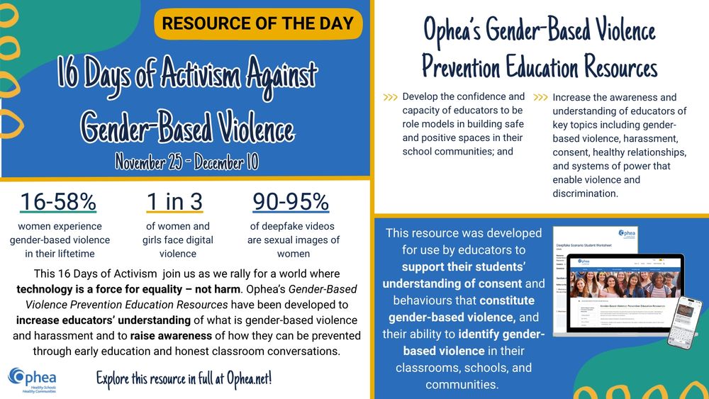 16 Days of Activism Against Gender-Based Violence
1 in 3 women experience gender-based violence in their liftetime
16-58% of women and girls face digital violence
90-95% of deepfake videos are sexual images of women
This 16 Days of Activism  join us as we rally for a world where technology is a force for equality – not harm. Ophea’s Gender-Based Violence Prevention Education Resources have been developed to increase educators’ understanding of what is gender-based violence and harassment and to raise awareness of how they can be prevented through early education and honest classroom conversations.
This resource was developed for use by educators to support their students’ understanding of consent and behaviours that constitute gender-based violence, and their ability to identify gender-based violence in their classrooms, schools, and communities.
