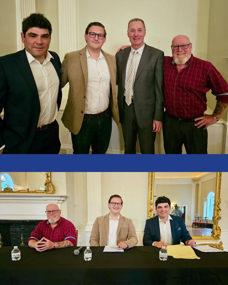 Top image features (from left to right) Andrew Smith, John Newhall, Paul Tucker, and William Legault standing together and smiling for the camera. The bottom image features (from left to right) William Legault, John Newhall, and Andrew Smith sitting behind a table in Hamilton Hall.