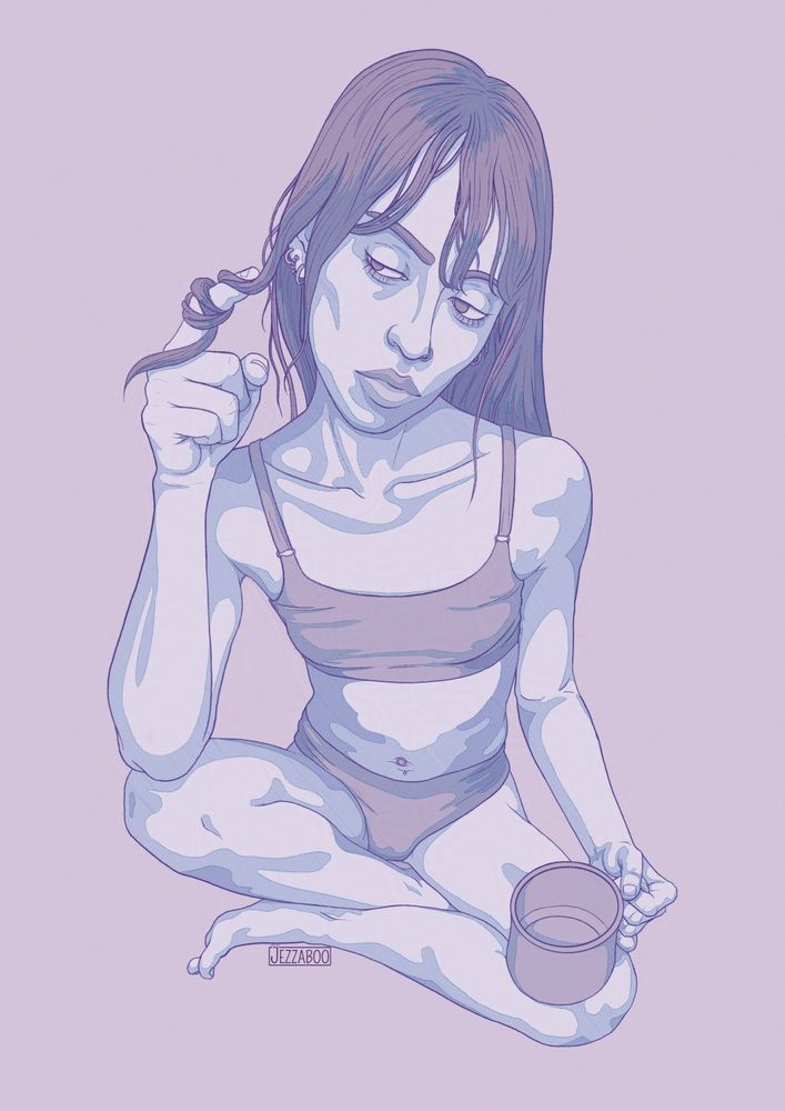 Art piece of a woman sitting cross-legged, holding a purple mug on her leg with one hand while twirling her hair with the other hand. The piece is mostly in light pinky-purple, to purple-blue colours 