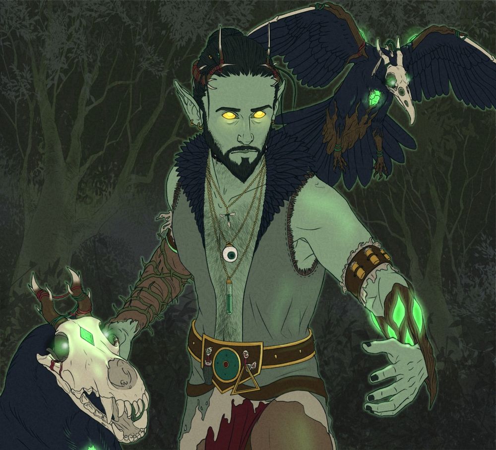 A green skin humanoid standing in a prepared stance with his arms out. He has a skull-headed crow over his shoulder, and a skull-headed wolf at this side. The eyes of all three are glowing and the humanoid is searing a wooden arm piece with glowing eye-like sections.