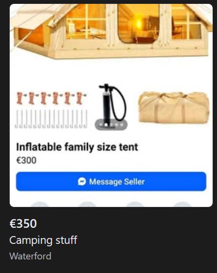 Photo of a tent showing price as 300 euro in a ad selling the tent for 350 euro