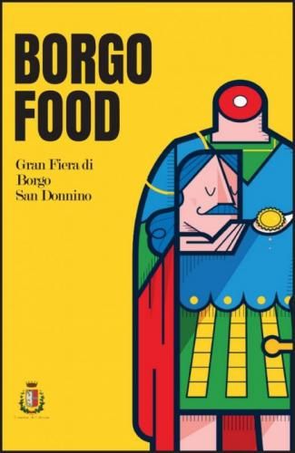 "BORGO FOOD, Gran Fiera di Borgo San Donnino"
shows a roman soldier holding his head. His neck wound is visible showing his spine.