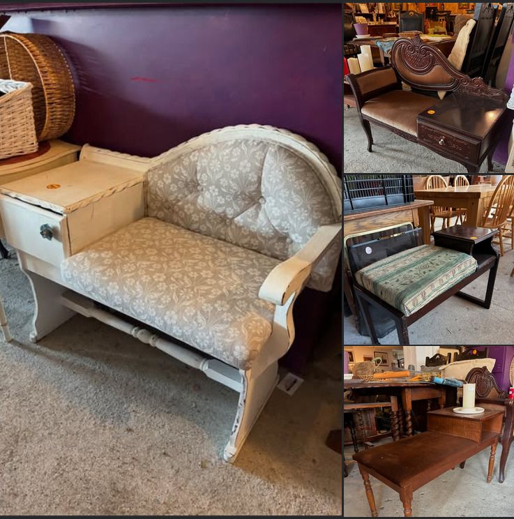 selection of photos of furniture with a small low connected chair and table where the table has a shelf, drawer or cupboard section.