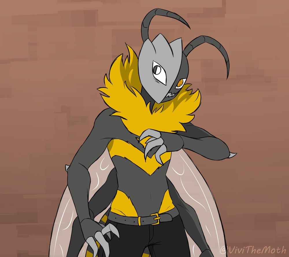 a grey and yellow wasp with a half mask covering the right side of his face