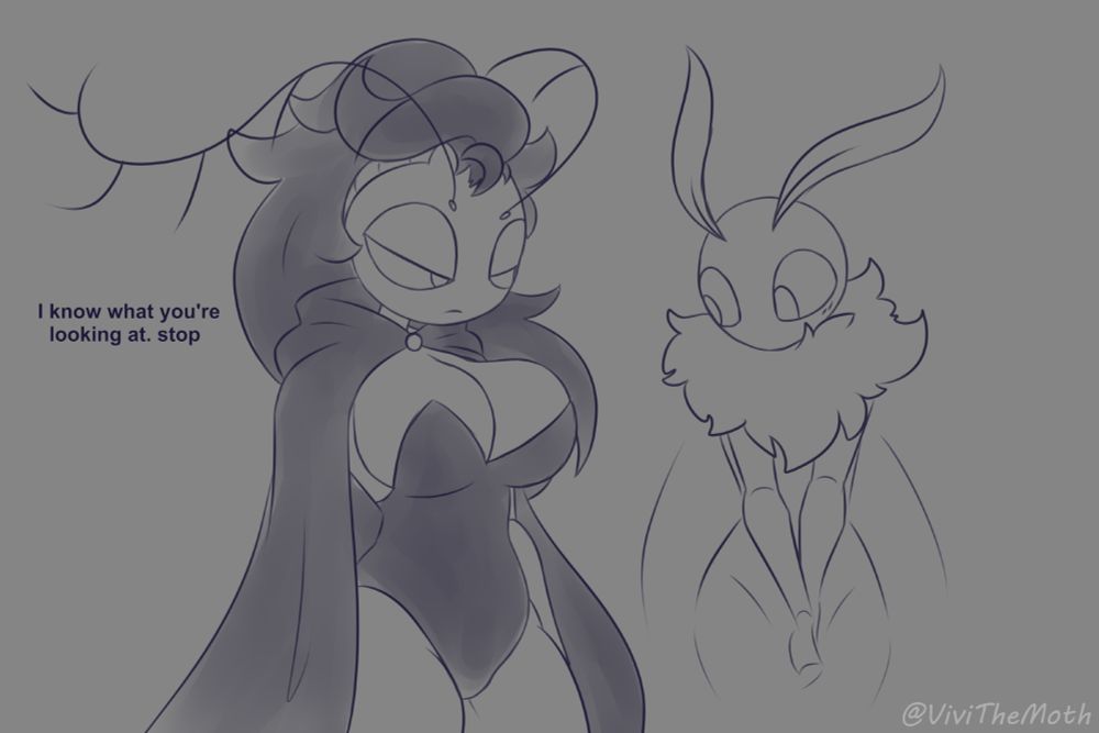my OC Reko with huge breasts and a moth looking at them, Reko is saying "I know what you're looking at. stop"