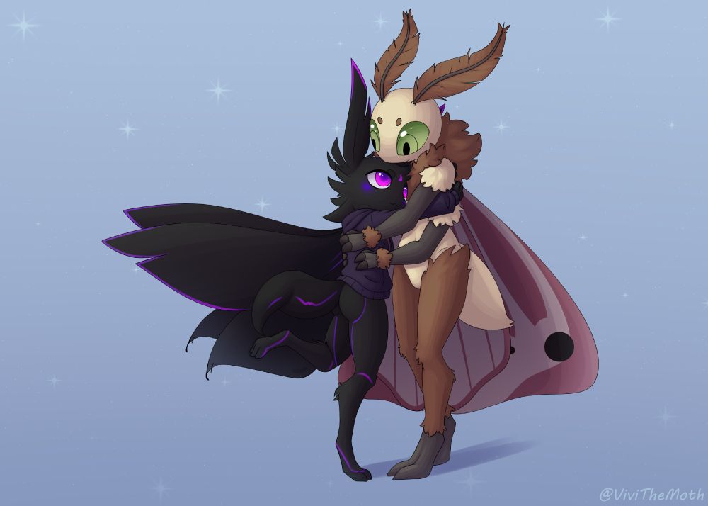a beige and brown moth with green eyes hugging a black moth with purple accents wearing a purple hoodie