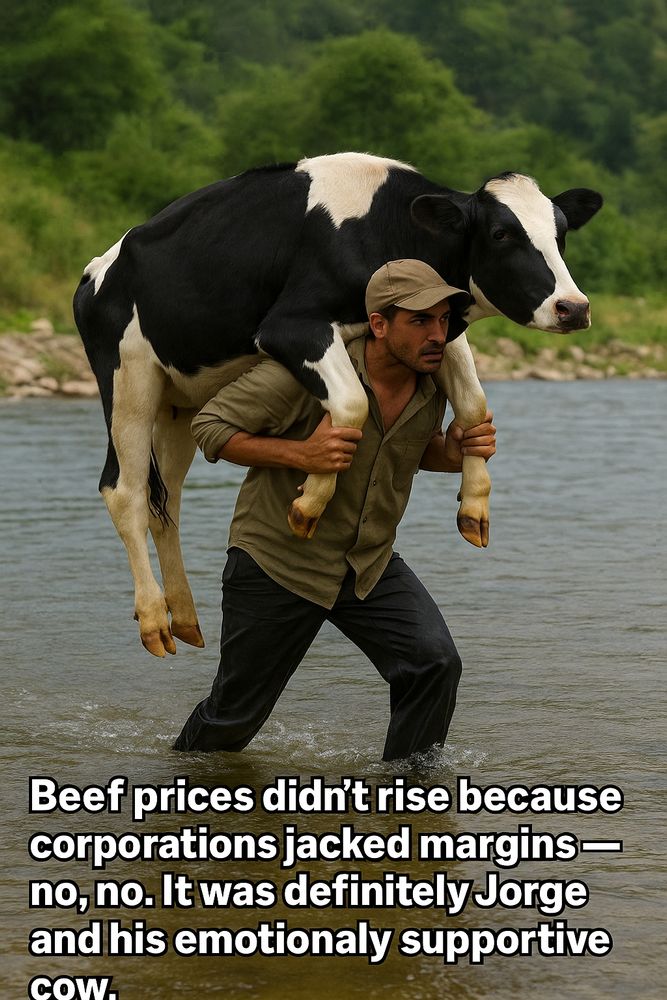 A pic of Jorge carrying his emotional support cow that diseased over the border.