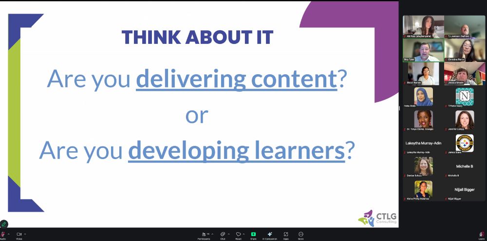 Slide from presentation about Math Workshop:  Think About it:  "Are you delivering content? Or are you developing learners?"