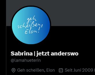 Screenshot eines Twitterprofils. Statt eines Profilbilds und eines Standorts gibt es jeweils den Schriftzug "Geh scheißen, Elon".