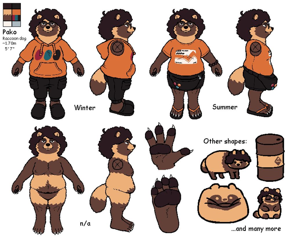Reference sheet of a plump anthro raccoon dog with dark curly hair and glasses. There are two sets of clothes: a thick orange hoodie, dark pants and slippers for the winter, and an orange tshirt, dark shorts, flipflops and a large waistbag for the summer. He's also depicted as objects he can shapeshift into, such as a beanbag or a plush doll.