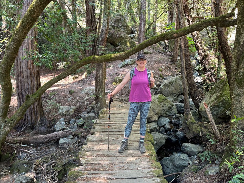I’m wearing glasses, a bright magenta-colored sleeveless shirt and some wild yoga pants with green and purple blotches. I’m holding a much-appreciated hiking pole and standing  on a wooden bridge over a trickling stream in the woods