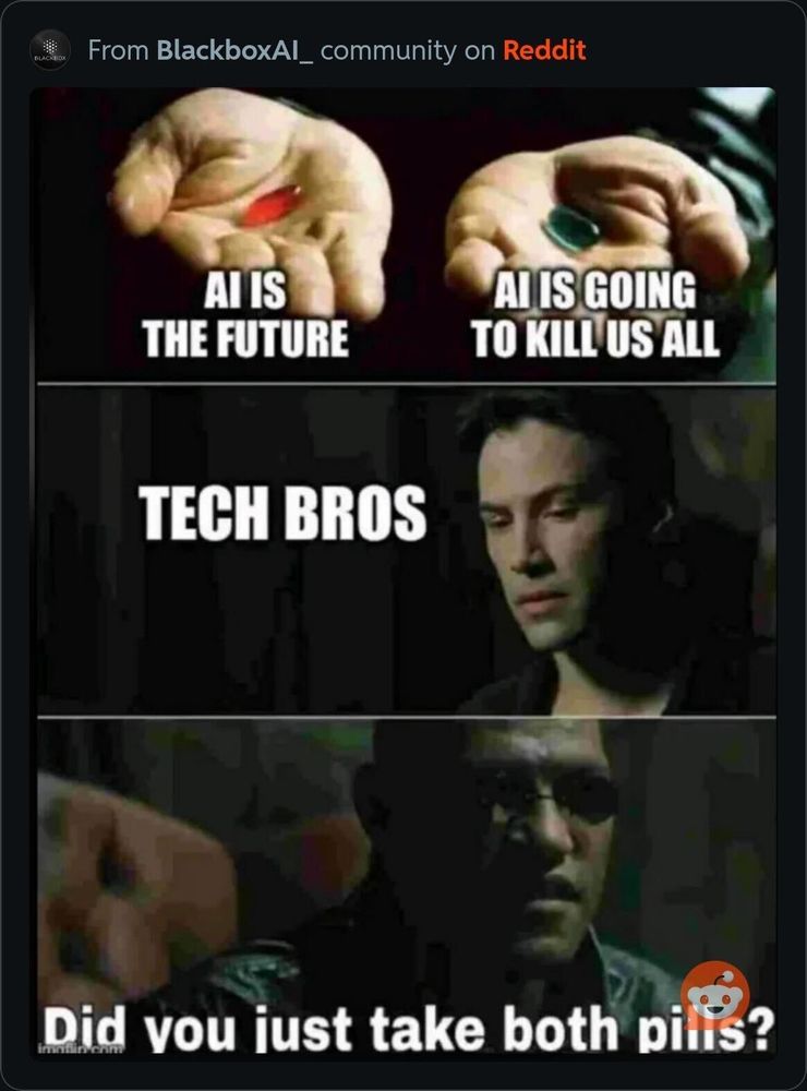 Two pills, red pill that says "AI is the future" and the blue pill says "AI is going to kill us all". The words Tech Bros in the middle panel, and then Morpheus saying "Did you just take both pills??"