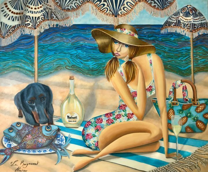 Alicia Zemanek, a gifted artist, has delivered an exceptional artwork titled "Beach Day" This piece magnificently portrays the allure of Key West and the Florida Keys, with its striking colors and detailed features that capture the very spirit of this stunning region.
The painting depicts a woman in a floral swimsuit and a large straw hat, lounging on a blue and white striped beach towel. She is surrounded by beach essentials, including a bottle of liquor, a glass of champagne, and a blue and green pineapple-patterned handbag. A black dachshund stares intently at a plate of two brightly colored fish, adding a playful touch to the scene. The background features a vibrant turquoise ocean, with two patterned beach umbrellas adding a touch of whimsy. The painting captures the essence of a relaxing beach day, with its bright colors and playful details. 