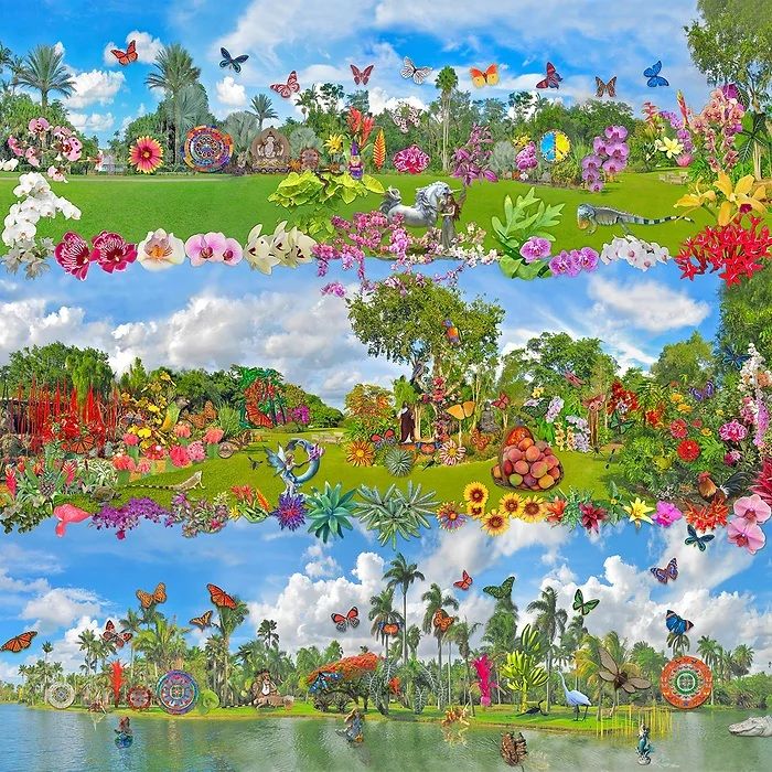 Nicholas Bergery, a skilled Photographer, has delivered a stunning Digital Art which highlights the exquisite beauty of Key West and the Florida Keys. The lively colors and detailed features in this piece successfully encapsulate the essence and appeal of the area. The image is a whimsical collage depicting a vibrant tropical paradise. The scene is divided into three tiers, each showcasing a different aspect of the lush environment. 
The top tier features a sprawling garden with an array of colorful flowers, butterflies fluttering amidst the foliage, and a unicorn standing proudly in a meadow. In the middle tier, the focus shifts to a more natural landscape with lush greenery, a waterfall cascading down rocks, and a diverse array of birds and animals. The bottom tier presents a serene lagoon reflecting the blue sky and fluffy clouds, with palm trees lining the banks and colorful boats gliding on the water.
The entire composition is bursting with colors and details, creating a sense of wonder and enchantment. Butterflies of all shapes and sizes adorn the sky, adding a hint of magic to the scene. The image evokes a sense of tranquility and escapism, inviting the viewer to lose themselves in the beauty of nature. 