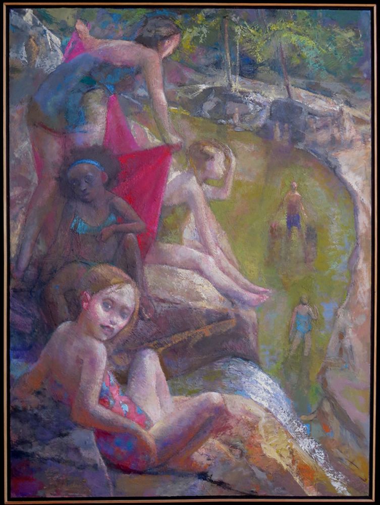 Renowned artist Lincoln Perry has unveiled an exquisite creation known as "Top of the Falls" a work that splendidly highlights the breathtaking allure of Key West and the Florida Keys. The rich colors and meticulous details in this piece artfully reflect the vibrant spirit of the region. The painting depicts a scene of four figures, likely women or girls, gathered on a rocky shore near water. The figures are positioned in a relaxed, almost languid manner, suggesting a moment of leisure and contemplation. The artist has used a soft, muted palette, with shades of green, brown, and blue dominating the composition. The figures are rendered in a painterly style, with their forms softened and blended into the surrounding landscape. The overall effect is one of tranquility and serenity, capturing a fleeting moment of peace in nature. The lush foliage in the background, along with the hint of water in the foreground, creates a sense of depth and atmosphere. The painting invites the viewer to consider the nature of leisure and the beauty of the natural world.  
