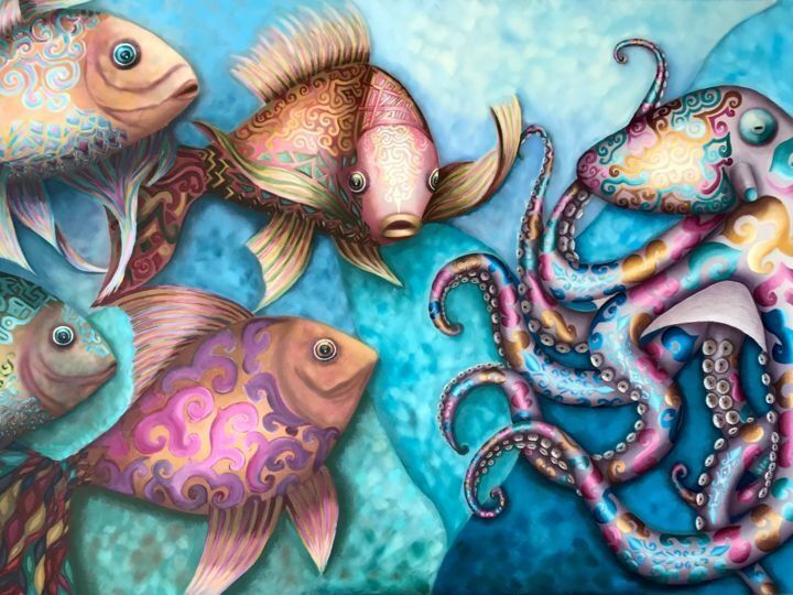 Renowned artist Alicia Zemanek has unveiled an extraordinary artwork named "Say What" This stunning piece highlights the breathtaking beauty of Key West and the Florida Keys, utilizing vivid colors and meticulous details to convey the enchanting spirit of the region.
The painting depicts a vibrant underwater scene with three fish and an octopus. The fish are all brightly colored with intricate patterns, and the octopus is a striking purple with gold and blue accents. The background is a soft blue, suggesting the water. The fish appear to be swimming in formation, while the octopus is positioned in the center of the composition. The painting is full of life and movement, and the artist's use of color is bold and eye-catching. The overall effect is one of wonder and beauty. 