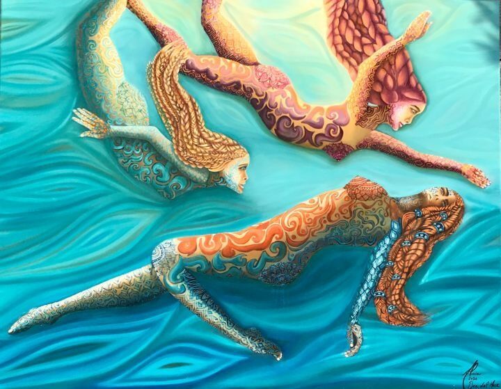 The talented Alicia Zemanek has crafted an impressive artwork called "Time for a swim" which brilliantly showcases the splendor of Key West and the Florida Keys. The rich colors and intricate details in this piece perfectly embody the captivating essence of this beautiful locale.
The painting depicts three mermaid-like figures, each with intricate patterns and designs adorning their bodies. They are suspended in a swirling turquoise water, which seems to be alive with the movement of the figures. The top figure has flowing red hair and wings, while the two figures below have long, flowing hair in gold and blue. The painting is a vibrant and surreal depiction of the beauty and mystery of the underwater world. The intricate details and the flowing lines create a sense of movement and energy. The painting is a celebration of the feminine form and the power of the imagination.