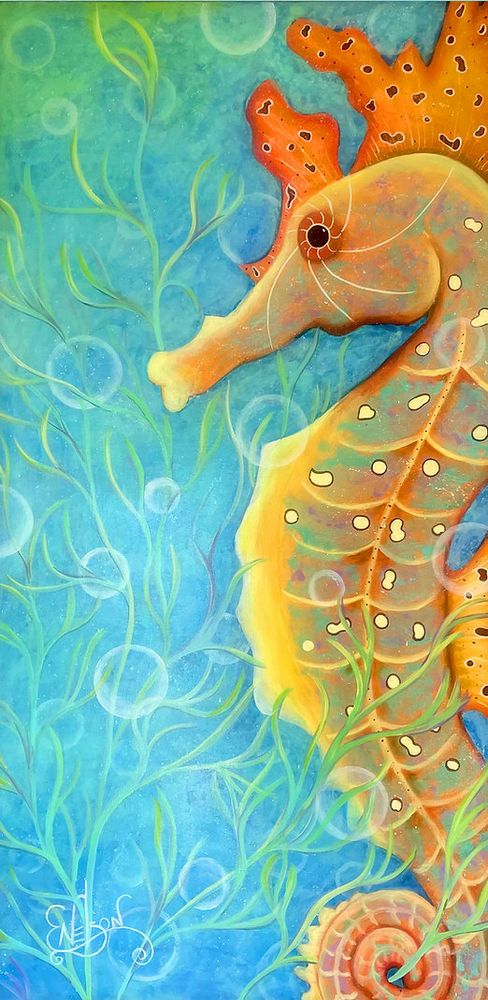 Erin Nelson, a talented artisan from Key West, showcases her exceptional craftsmanship in a stunning piece called "Seahorse Bubbles" proudly displayed in her arts and crafts collection nestled in the beautiful Florida Keys.
The painting depicts a vibrant underwater scene featuring a seahorse gracefully swimming through a bed of delicate, green seaweed. The seahorse is rendered in warm, earthy tones, with its body adorned with intricate patterns of yellow and orange. The artist has captured the shimmering effect of sunlight filtering through the water, creating a sense of depth and movement.  There are several bubbles, reminiscent of the seahorse's breath, adding a playful touch to the composition and contributing to an overall impression of serenity and underwater tranquility. The painting evokes a sense of wonder and invites viewers to imagine the hidden beauty of the ocean depths.