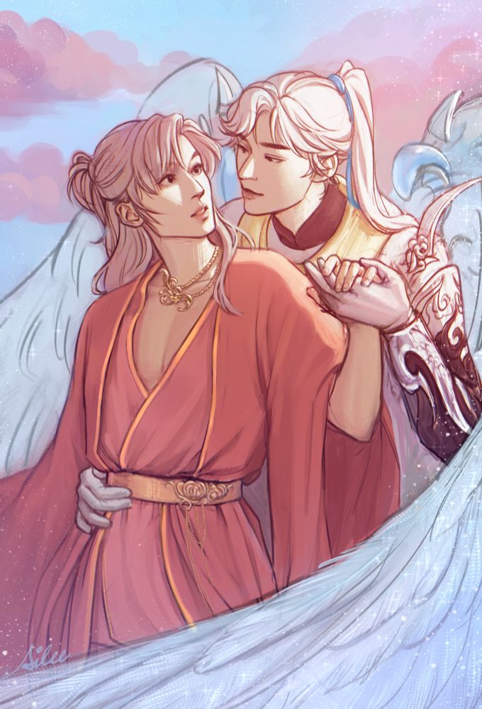 digital art of tian zhao dashixiong holding a-han's hand and waist from behind, smiling down at him, his wings sweeping around them. a-han is looking over his shoulder at him in surprise