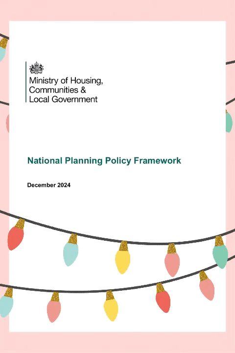 The very plain cover of the December 2024 National Planning Policy Framework, supplemented with some Christmas lights.