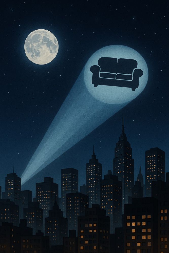 Nachthimmel über einer Stadt mit einem, dem Batsignal ähnlichem Signal. Das Symbol ist eine Couch