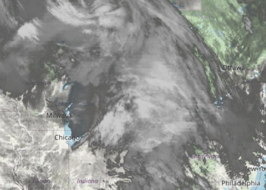 A screen shot showing cloud cover. There is just a small amount of visibility over parts of lake Michigan and parts of Chicago.  They also look a bit thinner if you get as far east as Philadelphia.